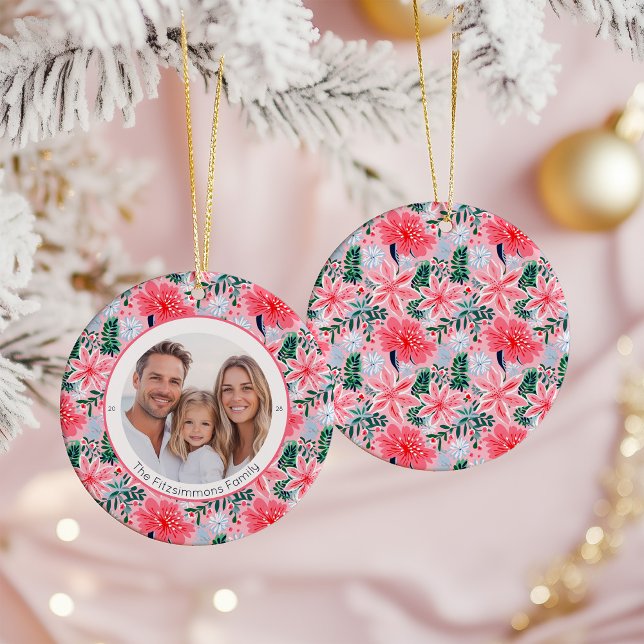 Ornamento De Cerâmica Vibrant Pink Christmas Floral 1 Sided Photo (Pink Tropical Floral Christmas one sided photo ornament)