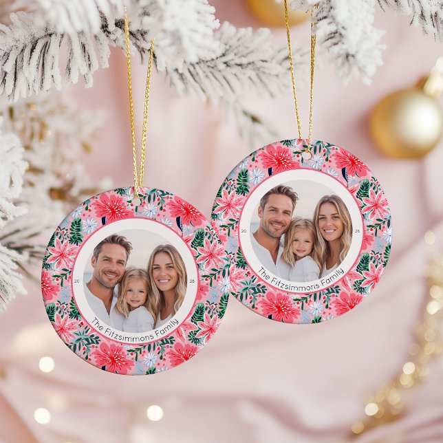 Ornamento De Cerâmica Vibrant Pink Christmas Floral 2 Sided Photo (Pink Tropical Floral Christmas two sided photo ornament)