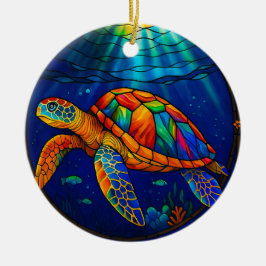 Ornamento De Cerâmica Vibrant Stained Glass Sea Turtle Ocean Design