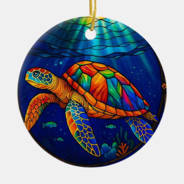 Ornamento De Cerâmica Vibrant Stained Glass Sea Turtle Ocean Design (Frente)