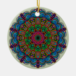Ornamento De Cerâmica Vibrante Padrão Floral e Geométrico de Mandala