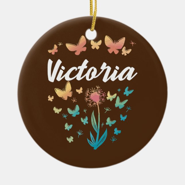 Ornamento De Cerâmica Victoria Birthday Irmã Butterfly Dandelion Nome (Frente)
