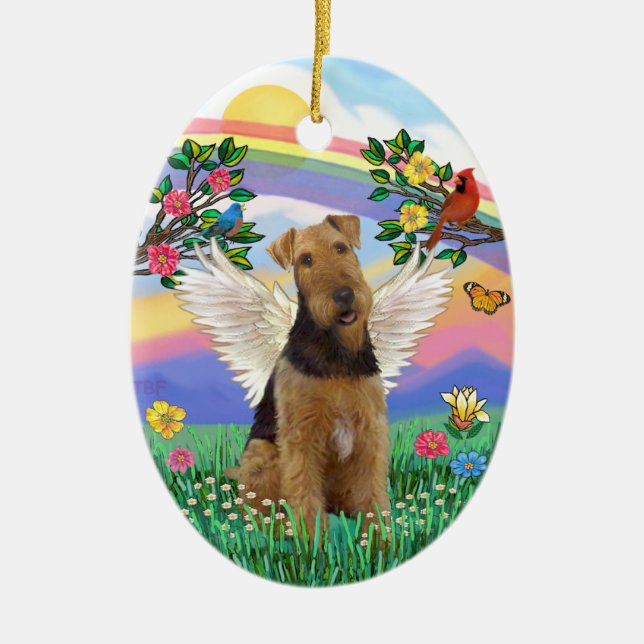 Ornamento De Cerâmica Vida Arco-íris - Anjo Airedale (Frente)