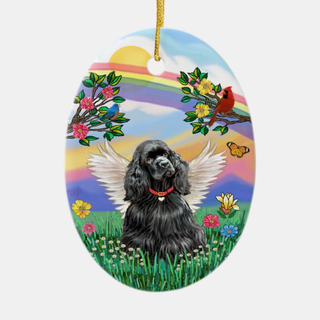 Ornamento De Cerâmica Vida Arco-íris - Cocker Spaniel Preto (Frente)