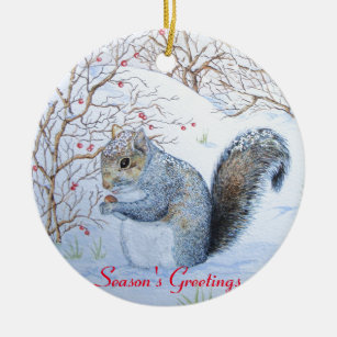 Ornamento De Cerâmica vida selvagem da cena da neve do esquilo das cinza