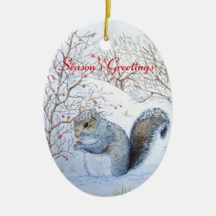 Ornamento De Cerâmica vida selvagem da cena da neve do esquilo das cinza
