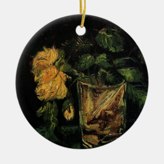Ornamento De Cerâmica Vidro com Rosas por Vincent van Gogh (Frente)