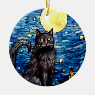 Ornamento De Cerâmica Vidro Negra Gato Negra Estrelado Noite Estrelada