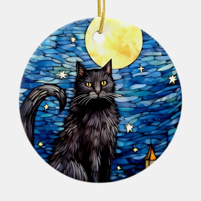 Ornamento De Cerâmica Vidro Negra Gato Negra Estrelado Noite Estrelada (Frente)