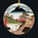 Ornamento De Cerâmica Vila japonesa com montanha<br><div class="desc">Ilustração do woodblock do vintage da vila japonesa com a montanha no fundo.  Vida japonesa rural do vintage.</div>