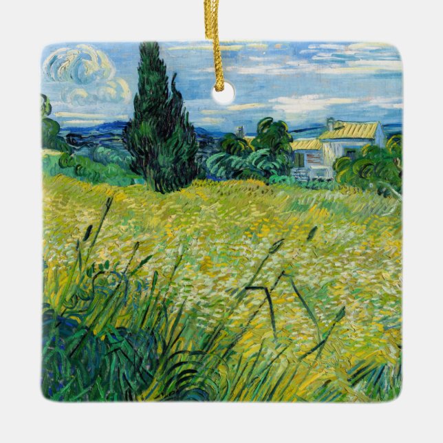 Ornamento De Cerâmica Vincent van Gogh - Campo de Trigo Verde com Cypres (Frente)
