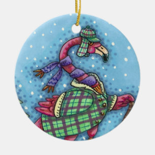 ORNAMENTO DE CERÂMICA VINHOS DE NEVE, FLAMINGO DE PINCO, NATAL DE GOLPE