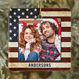 Ornamento De Cerâmica Vintage American Flag Custom 2 Photo Patriotic