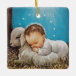Ornamento De Cerâmica Vintage Baby Jesus Dormindo Com Uma Lâmpada<br><div class="desc">Vintage,  Bebê Jesus Dormindo com um carneiro em um ornamento cerâmico.</div>