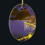 Ornamento De Cerâmica Vintage Beach à noite no Rio de Janeiro, Brasil<br><div class="desc">Ilustração de viagem com design de Botafogo Bay e praia com montanhas à distância no Rio de Janeiro,  Brasil. Uma bela noite com luzes refletindo na água da baía.</div>