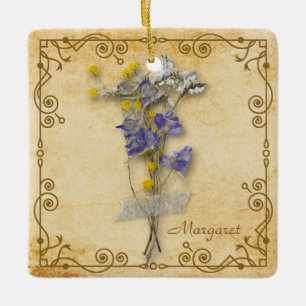 Ornamento De Cerâmica Vintage Belo Beige Flowers Secos com Nome