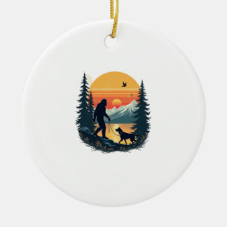 Ornamento De Cerâmica Vintage Bigfoot Walking Dog Mountain Sunset Retro 