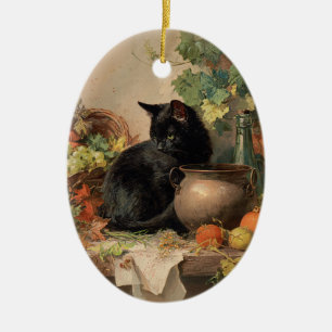 Ornamento De Cerâmica Vintage Black Cat Em Meio A Frutas De Outono