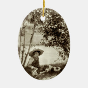 Ornamento De Cerâmica Vintage Boy with Dog At Rest Ornament