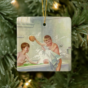 Ornamento De Cerâmica Vintage Brothers, Children, Boys Splashing in Tub,