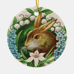 Ornamento De Cerâmica Vintage Bunny Floral Wreath Páscoa Saudações