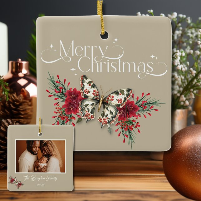 Ornamento De Cerâmica Vintage Butterfly Poinsettia Foto (Criador carregado)