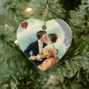 Ornamento De Cerâmica Vintage, Casal vitoriano, beija-flor numa lua cres