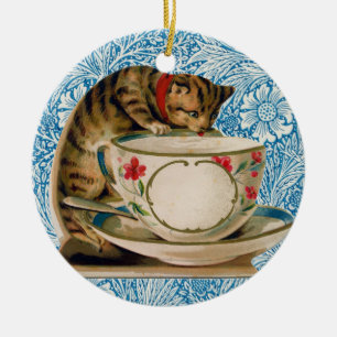 Ornamento De Cerâmica Vintage Cat E Tea Cup, Retro Vitoriano