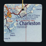 Ornamento De Cerâmica Vintage Charleston SC<br><div class="desc">Enfeites de natal para Charleston na Carolina do Sul com mapa de safra mostrando a Citadel,  Ilha de Palms e Folly Beach.</div>
