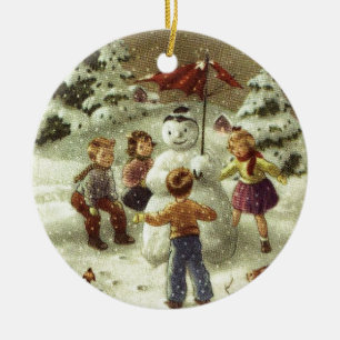 Ornamento De Cerâmica Vintage Children Fazer um boneco de neve