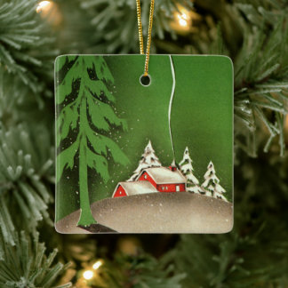 Ornamento De Cerâmica Vintage Christmas, House in Forest Winter Snow