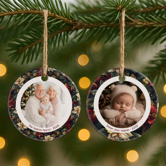 Ornamento De Cerâmica Vintage Christmas Poinsettias 2 Photo Ornament