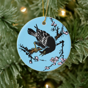 Ornamento De Cerâmica Vintage, Corvo Japonês e Flores de Cereja