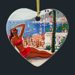 Ornamento De Cerâmica Vintage Cote D'Azur Beach Girl<br><div class="desc">Anúncios de Viagem francês e europeu em língua oficial - Ilustração de praia,  aldeia,  pessoas,  mar azul e céu</div>