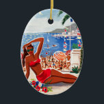 Ornamento De Cerâmica Vintage Cote D'Azur Beach Girl<br><div class="desc">Anúncios de Viagem francês e europeu em língua oficial - Ilustração de praia,  aldeia,  pessoas,  mar azul e céu</div>