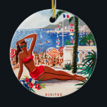 Ornamento De Cerâmica Vintage Cote D'Azur Beach Girl<br><div class="desc">Anúncios de Viagem francês e europeu em língua oficial - Ilustração de praia,  aldeia,  pessoas,  mar azul e céu</div>