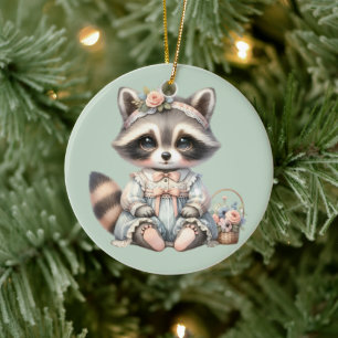 Ornamento De Cerâmica Vintage Cottagecore Raccoon Pastel