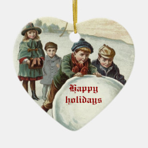 Ornamento De Cerâmica Vintage Crianças brincando no inverno