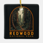 Ornamento De Cerâmica Vintage de Ilustração do Parque Nacional Redwood<br><div class="desc">Trabalho de arte de vetor de Sequoia. O parque protege grandes pradarias,  carvalhos,  rios selvagens e 40 milhas de costa robusta.</div>