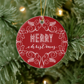 Ornamento De Cerâmica Vintage Deco Foliage Festivo Foto de Natal Vermelh