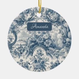 Ornamento De Cerâmica Vintage floral Toile de jouy monograma azul