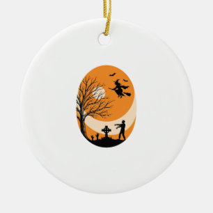 Ornamento De Cerâmica Vintage Halloween Bruxa Lua Cemitério Vetor Desi