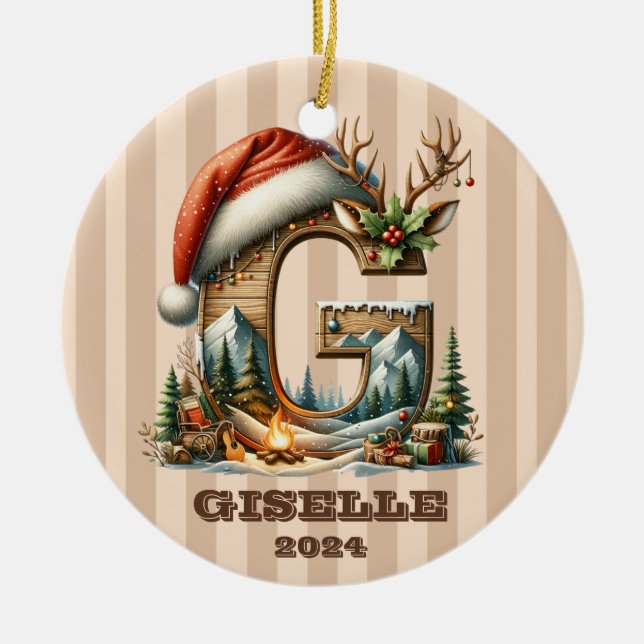 Ornamento De Cerâmica Vintage - Letra G com Cena de Feriado de Stripes C (Frente)