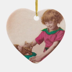 Ornamento De Cerâmica vintage livre printable - foto da menina e do gato