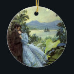 Ornamento De Cerâmica Vintage Love and Romance, visão tropical romântica<br><div class="desc">Ilustração de safra design de amor vitoriano e romance com um casal jovem abraçando-se sob palmeiras à luz de uma lua de cheio. Um navio está no porto marítimo e nas montanhas à distância.</div>