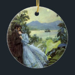 Ornamento De Cerâmica Vintage Love and Romance, visão tropical romântica<br><div class="desc">Ilustração de safra design de amor vitoriano e romance com um casal jovem abraçando-se sob palmeiras à luz de uma lua de cheio. Um navio está no porto marítimo e nas montanhas à distância.</div>