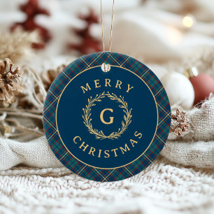 Ornamento De Cerâmica Vintage Monograma Coroa Xadrez Azul Natal Foto