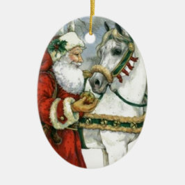 Ornamento De Cerâmica Vintage Papai Noel alimentando seu cavalo branco