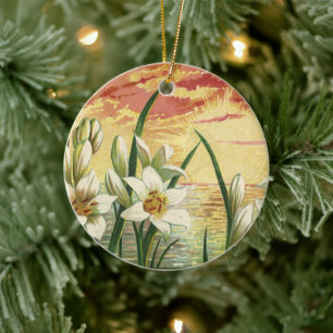 Ornamento De Cerâmica Vintage Páscoa lírios nascer do sol e anjos vitori