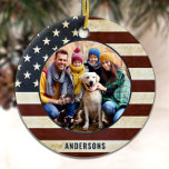 Ornamento De Cerâmica Vintage Patriotic American Flag Custom 2 Photo<br><div class="desc">Vintage American Flag Enfeites de natal. Este enfeites de natal patriótico de bandeira dos eua será um tesouro. O pedido é de dois lados, você pode fazer duas fotos favoritas, uma em cada lado. Perfeito para militares, Enfeites de natal de soldados, veteranos militares, família patriótica. Personalize o nome na frente...</div>